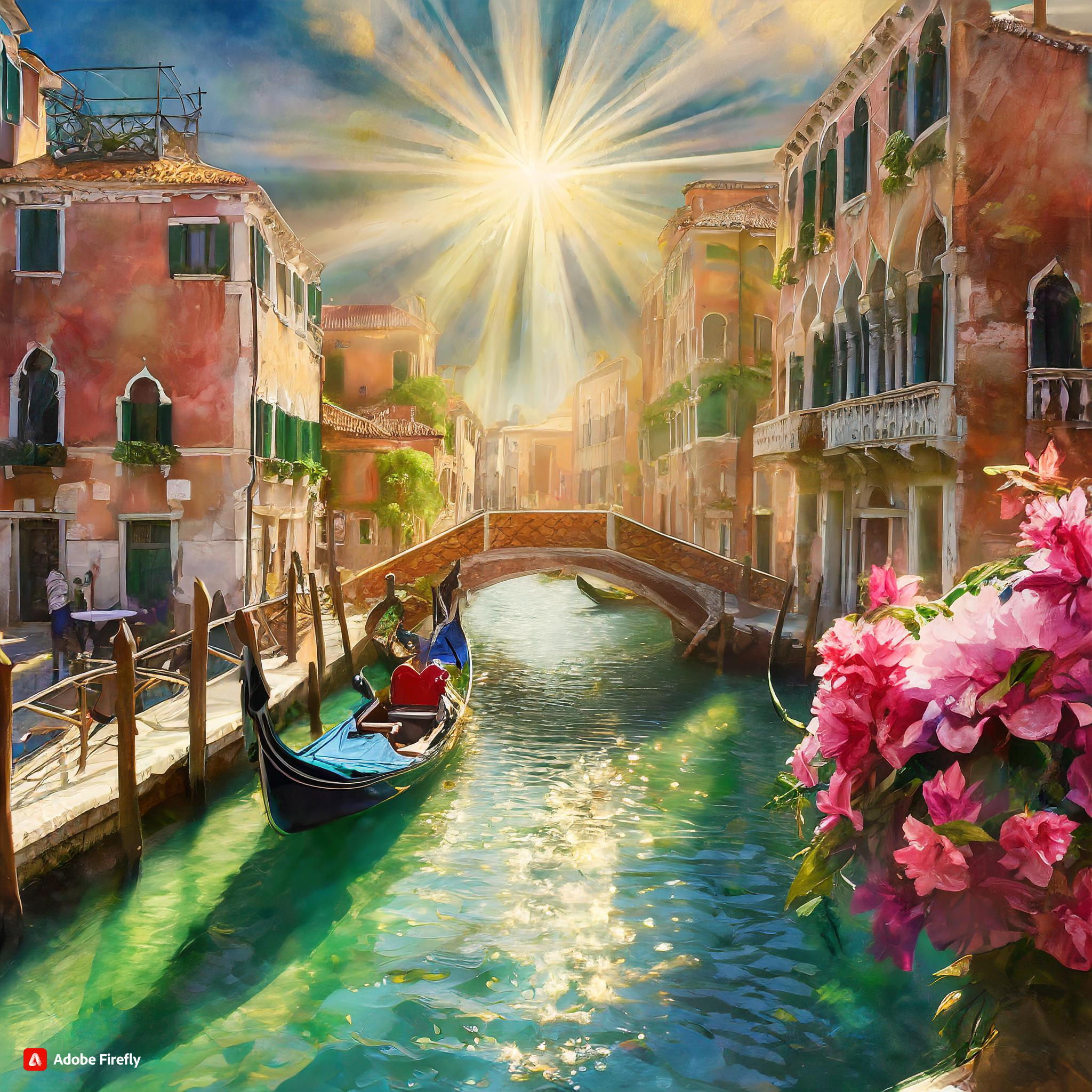  Within Venice, Itlay canlas, sunbeams over middel bridge, goadola on the water near the sidewalk, flowers, and apartment with balconies. 